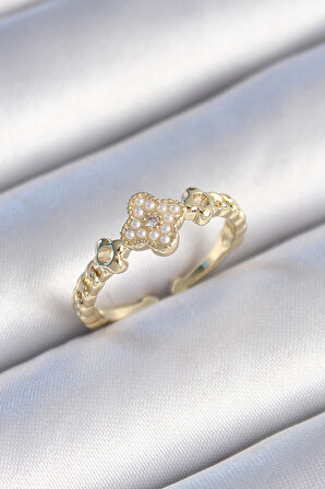 STİLLOVE Pirinç Gold Renk İncili Yonca Model Zirkon Taş Detay Kadın Yüzük