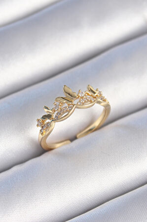 STİLLOVE Pirinç Gold Renk Zirkon Taşlı Kelebek Model Kadın Yüzük