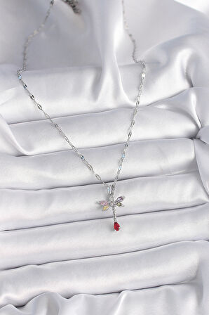 STİLLOVE 316L Çelik Gümüş Renk Zincir Renkli Zirkon Taşlı Yusufçuk Model Kadın Kolye