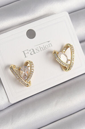 STİLLOVE Pirinç Gold Renk Zirkon Taşlı Kalp Model Kadın Küpe