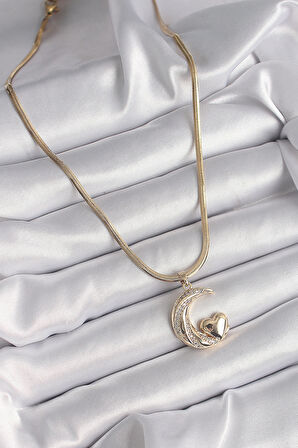 STİLLOVE 316L Çelik Gold Renk Çelik İtalyan Zincir Zirkon Taşlı Halil Figür Kalp Detay Kadın Kolye