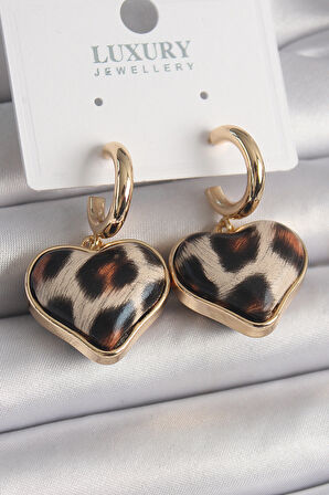 STİLLOVE Pirinç Gold Renk 3D Kalp Leopar Model Kadın Küpe