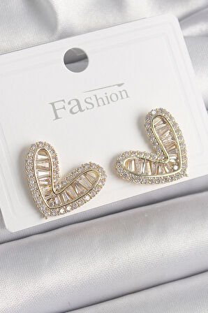 STİLLOVE Pirinç Gold Renk Zirkon Taşlı Kalp Model Kadın Küpe