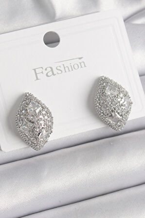 STİLLOVE Pirinç Gümüş Renk Zirkon Taş İşlemeli Damla Model Kadın Küpe