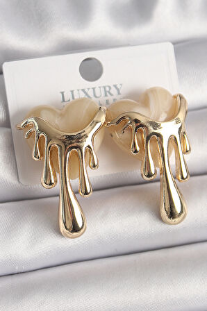 STİLLOVE Pirinç Gold Renk Beyaz Sedefli Akan Kalp Model Kadın Küpe