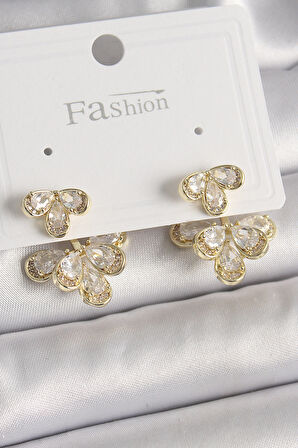 STİLLOVE Pirinç Gold Renk Zirkon Taşlı Damla Model Kadın Küpe