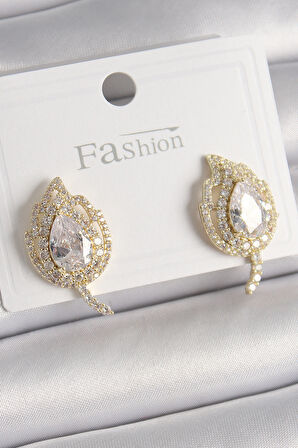 STİLLOVE Pirinç Gold Renk Zirkon Taşlı Yaprak Model Kadın Küpe