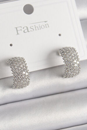 STİLLOVE Pirinç Gümüş Renk Zirkon Taşlı Halka Model Kadın Küpe