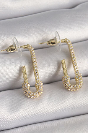 STİLLOVE Pirinç Gold Renk Zirkon Taşlı Çengelli İğne Model Kadın Küpe
