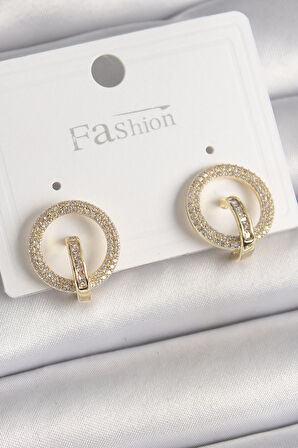 STİLLOVE Pirinç Gold Renk Zirkon Taşlı Halka Model Kadın Küpe