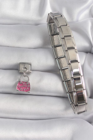 STİLLOVE 316L Çelik Gümüş Renk Sallantı Pembe Çanta Model Nomination Charm