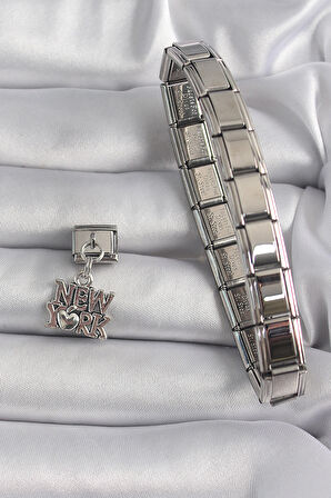 STİLLOVE 316L Çelik Gümüş Renk Sallantı New York Yazı Model Nomination Charm