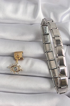 STİLLOVE 316L Çelik Gold Renk Sallantı Zirkon Taşlı Göz Model Nomination Charm