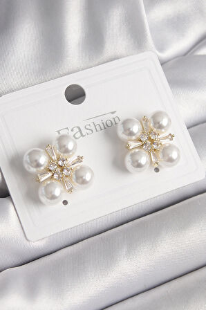 STİLLOVE Pirinç Gold Renk Zirkon Taşlı İncili Kadın Küpe