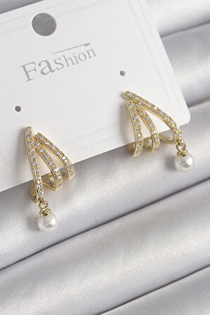 STİLLOVE Pirinç Gold Renk Zirkon Taşlı Pençe Model İnci Detay Kadın Küpe