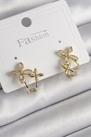 STİLLOVE Pirinç Gold Renk Zirkon Taşlı 2'Li Çiçek Model Kadın Küpe
