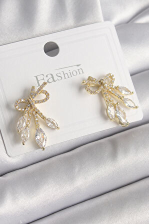 STİLLOVE Pirinç Gold Renk Zirkon Taşlı Düğüm Model Damla Zirkon Taşlı Kadın Küpe