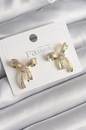 STİLLOVE Pirinç Gold Renk Zirkon Taşlı Fiyonk Model Kadın Küpe