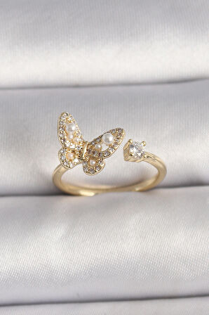 STİLLOVE Pirinç Gold Renk Zirkon Taşlı Kelebek Model İnci Detay Ayarlanabilir Yüzük