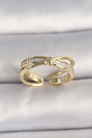 STİLLOVE Pirinç Gold Renk Zirkon Taşlı Yıldız Detaylı Ayarlanabilir Kadın Yüzük