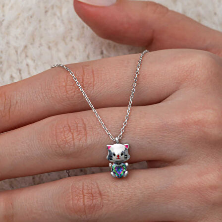 STİLLOVE Gümüş Mistik Topaz Taşlı Sevimli Kedi Kolye