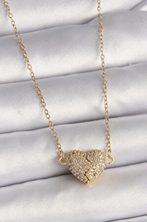 STİLLOVE 316L Çelik Gold Renk Zincir Zirkon Taşlı Mıknatıslı Kalp Model Kadın Kolye