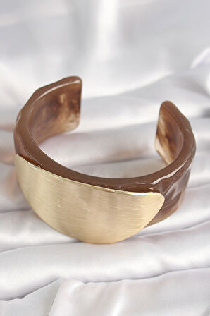 STİLLOVE Kahverengi Mermer Desen Akrilik Plastik Gold Oval Plaka Model Vintage Kadın Bilezik