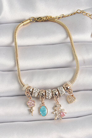 STİLLOVE 316L Çelik Gold Renk Zincir Sallantı Zirkon Taşlı Ayıcık Figür Çiçek Detay Kadın Bileklik