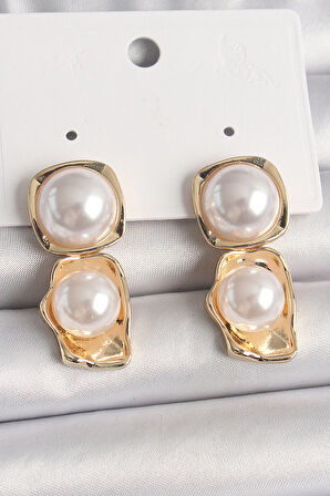 STİLLOVE Pirinç Gold Renk İnci Kare Model Kadın Küpe