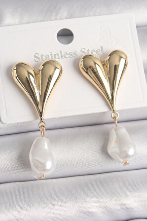 STİLLOVE Pirinç Gold Renk Kalp Model Sallantı İnci Damla Model Kadın Küpe