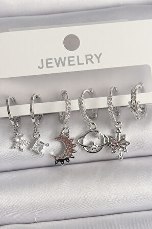 STİLLOVE Pirinç Gümüş Renk Zirkon Taşlı Gezgen Model Kadın Küpe Seti