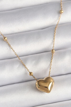 STİLLOVE 316L Çelik Gold Renk Topçuk Detaylı Zincir Kalp Model Kadın Kolye