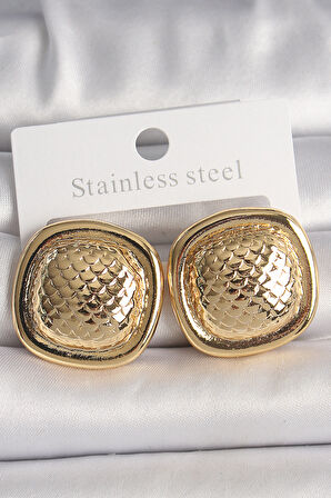STİLLOVE Pirinç Gold Renk İşlemeli Kare Model Kadın Küpe