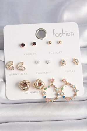 STİLLOVE Pirinç Gold Renk Renkli Zirkon Taşlı Kalp Detay 7 Çift Kadın Küpe Seti