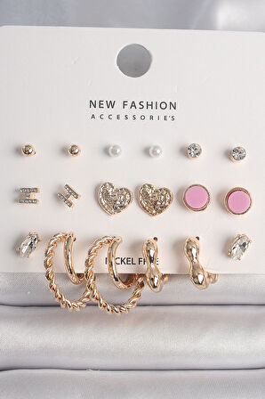 STİLLOVE Pirinç Gold Renk Zirkon Taşlı Burug Halka Model İşlemeli Kalp Detay 9 Çift Kadın Küpe Seti