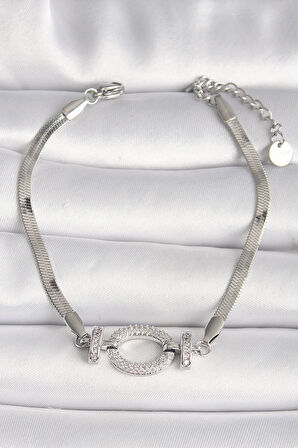 STİLLOVE 316L Çelik Gümüş Renk İtalyan Zincir Model Zirkon Taşlı Halka Figür Kadın Bileklik