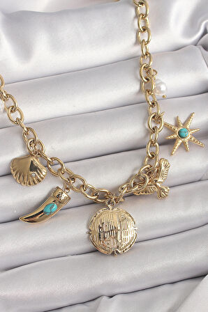 STİLLOVE 316L Çelik Gold Renk Zincir Sallantılı Çoklu Figür Model Kadın Kolye