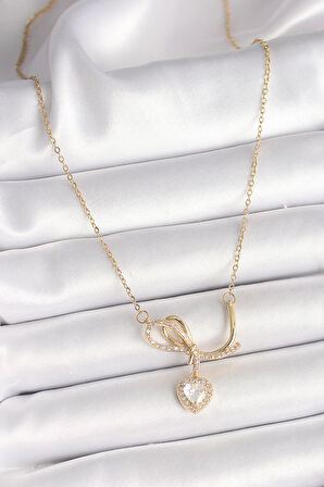 STİLLOVE 316L Çelik Gold Renk Zincir Zirkon Taşlı Düğüm Sallantı Kalp Model Kadın Kolye