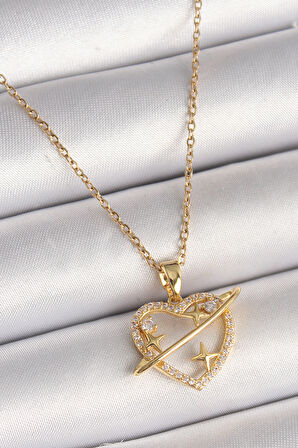 STİLLOVE 316L Çelik Gold Renk Zincir Zirkon Taşlı Kalp Model Yıldız Detay Kadın Kolye
