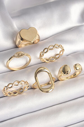STİLLOVE Pirinç Gold Renk Plaka Kalp Model Göz İşleme Detayı 6'Lı Kadın Yüzük Seti