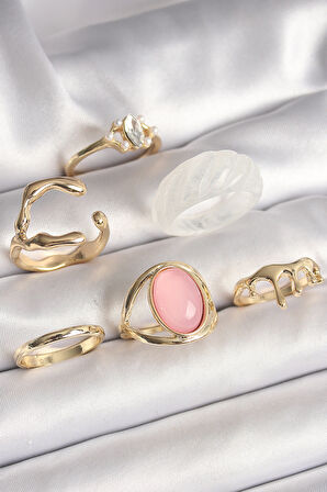 STİLLOVE Pirinç Gold Renk Zirkonlı Oval Pembe Mineli 6'Lı Kadın Yüzük Seti