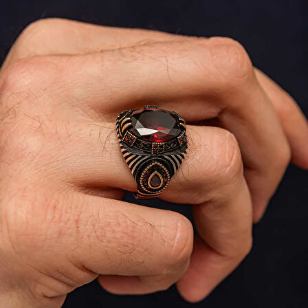 Gümüş Kırmızı Fasetli Taşlı Erkek Yüzük T9072