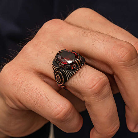 Gümüş Kırmızı Fasetli Taşlı Erkek Yüzük T9072