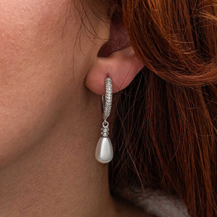 Gümüş Zirkon Taşlı Sallantılı Damla İnci Küpe SL9100