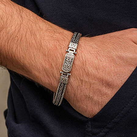 Gümüş Oksitli Desenli Erkek Bileklik T9071