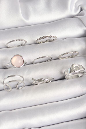 Pirinç Gümüş Renk Pembe Mineli Kemer Düğüm Figür Kadın Yüzük Kombini SL10823