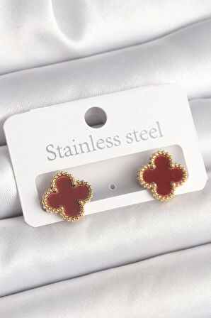 Pirinç Gold Renk Bordo Yonca Model Kadın Küpe SL10943