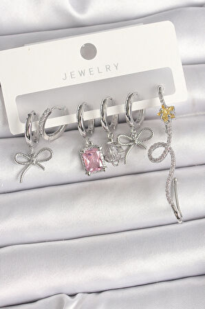 Pirinç Gümüş Renk Sallantı Kurdele Kuyruklu Yıldız Figür Pembe Kare Zirkon Taş Detay Kadın Küpe Seti SL10951