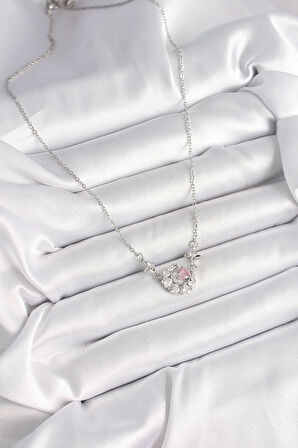 316L Çelik Gümüş Renk Zirkon Taşlı Hilal Pembe Kalp Model Kadın Kolye SL10995