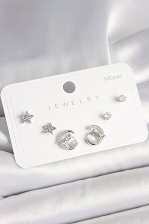 925 Ayar Gümüş Çivi Zirkon Taşlı Hilal Yıldız Model Kadın Küpe Seti SL11029